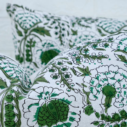 Green Floral Cotton Cushion Cover | Hand Block Print Decorative Pillow Cover | Indian Boho Sofa Cushion Case