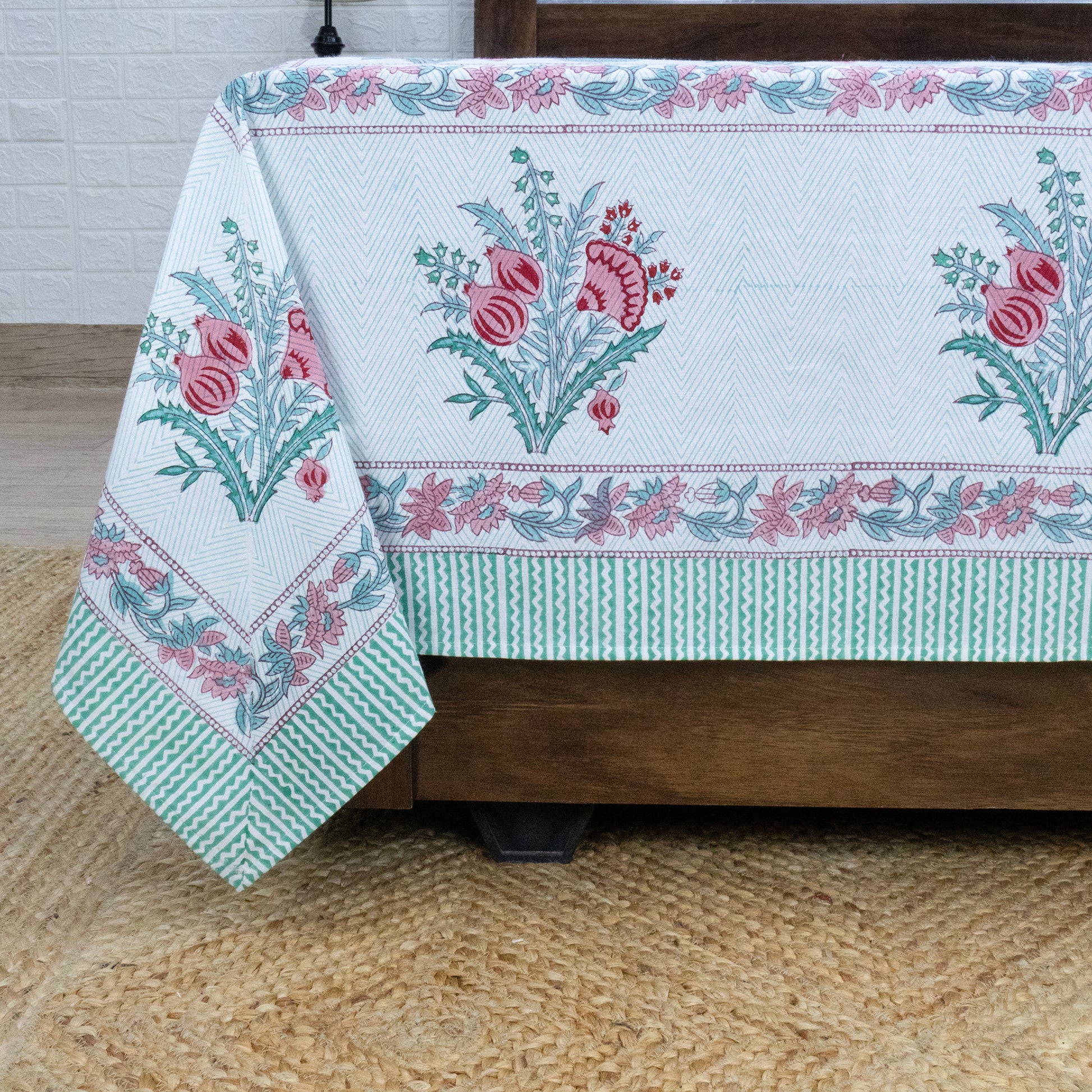 Indian Handmade Block Printed Red and Green Floral Pattern Cotton Bed sheet For living Room, Kids Room - My Store