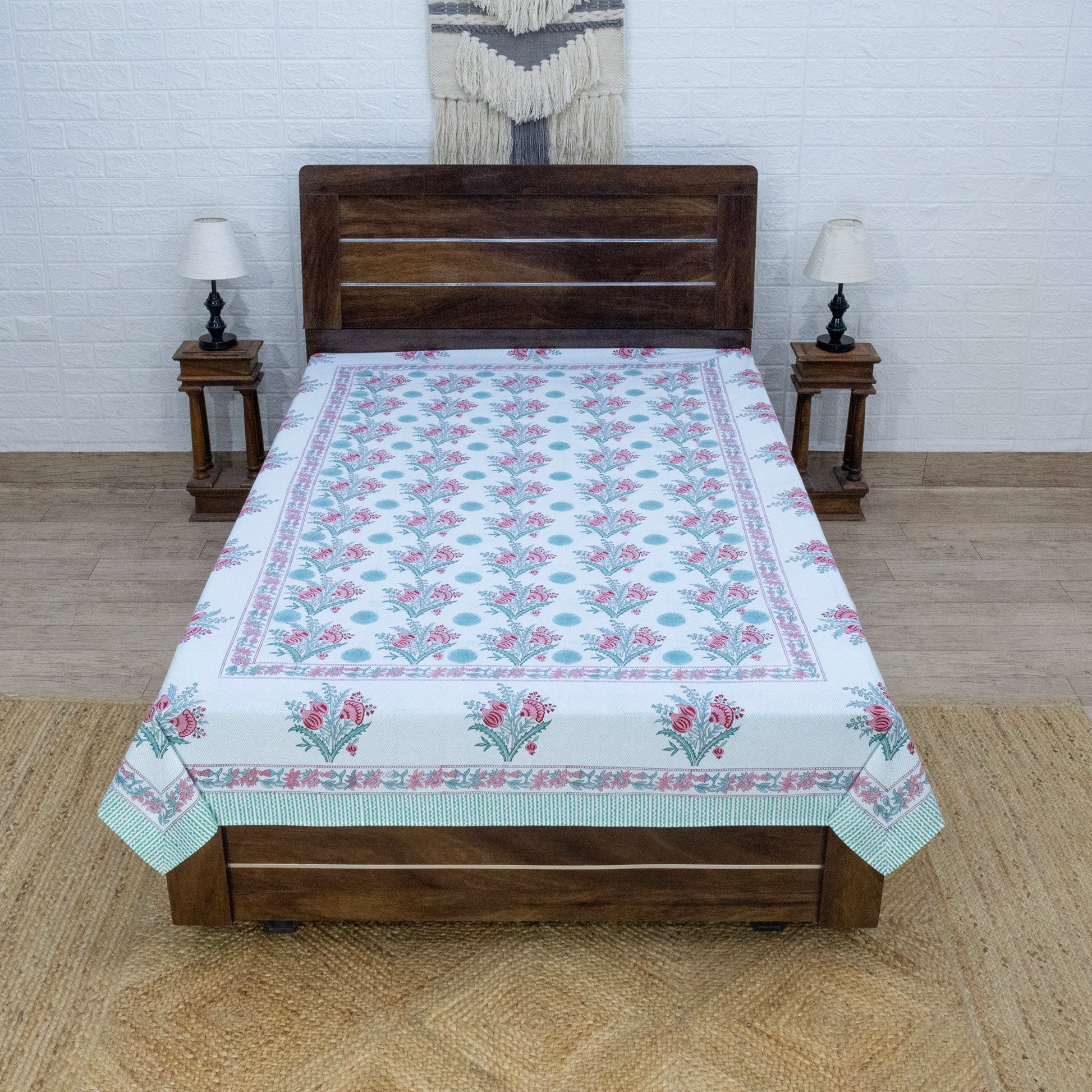 Indian Handmade Block Printed Red and Green Floral Pattern Cotton Bed sheet For living Room, Kids Room - My Store