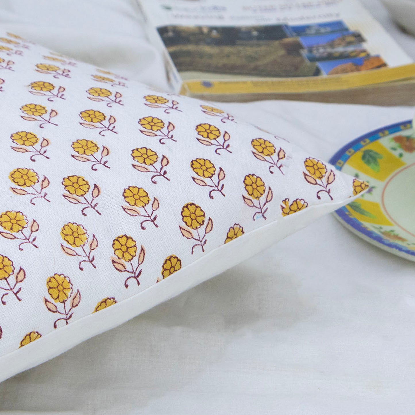 Yellow Floral Print Pillow Cover Block Printed Cotton Cushion Cover Boho Sofa Decor Housewarming Gift