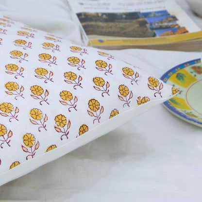 Yellow Floral Print Pillow Cover Block Printed Cotton Cushion Cover Boho Sofa Decor Housewarming Gift
