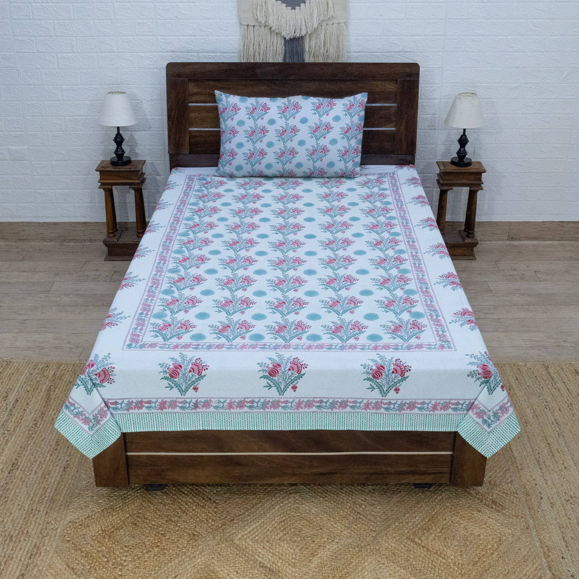 Indian Handmade Block Printed Red and Green Floral Pattern Cotton Bed sheet For living Room, Kids Room - My Store