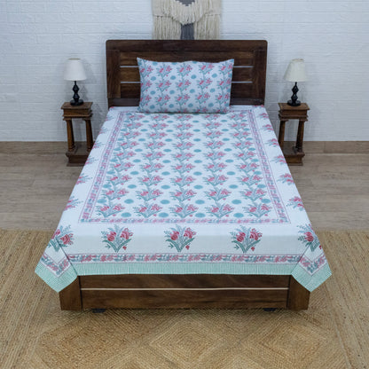 Indian Handmade Block Printed Red and Green Floral Pattern Cotton Bed sheet For living Room, Kids Room - My Store