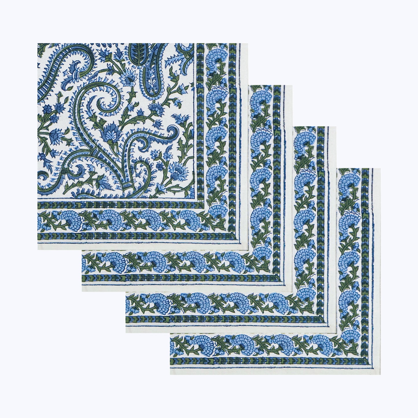 Handcrafted Blue and Green Block Printed Set Of 4 Napkins - My Store