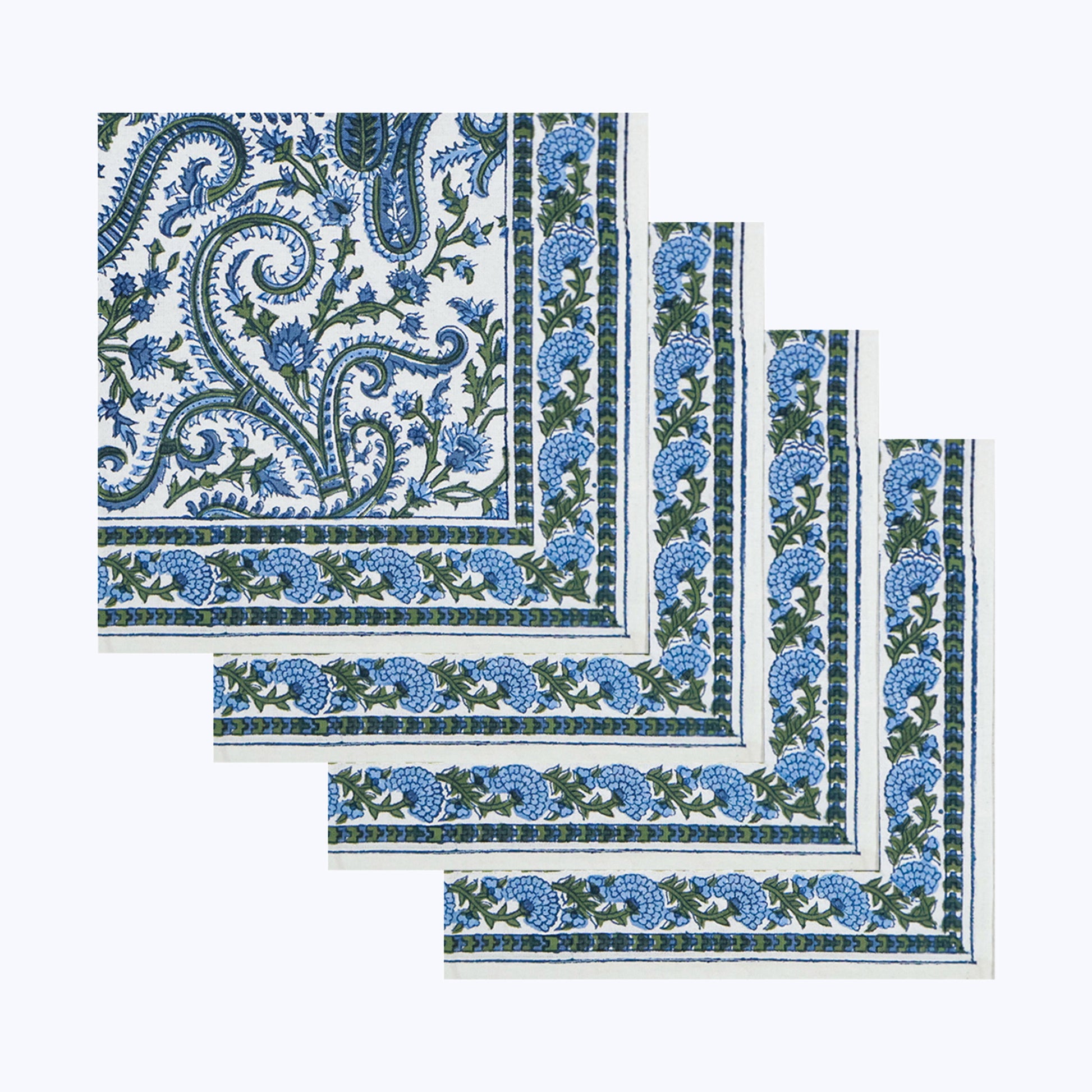Handcrafted Blue and Green Block Printed Set Of 4 Napkins - My Store