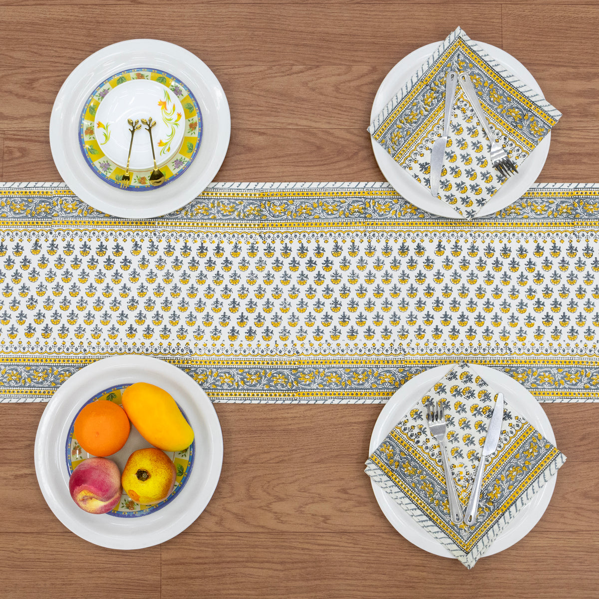 Yellow Grey Floral Block Print Table Runner Indian Cotton Boho Farmhouse Dining Decor Custom Size Hand Printed