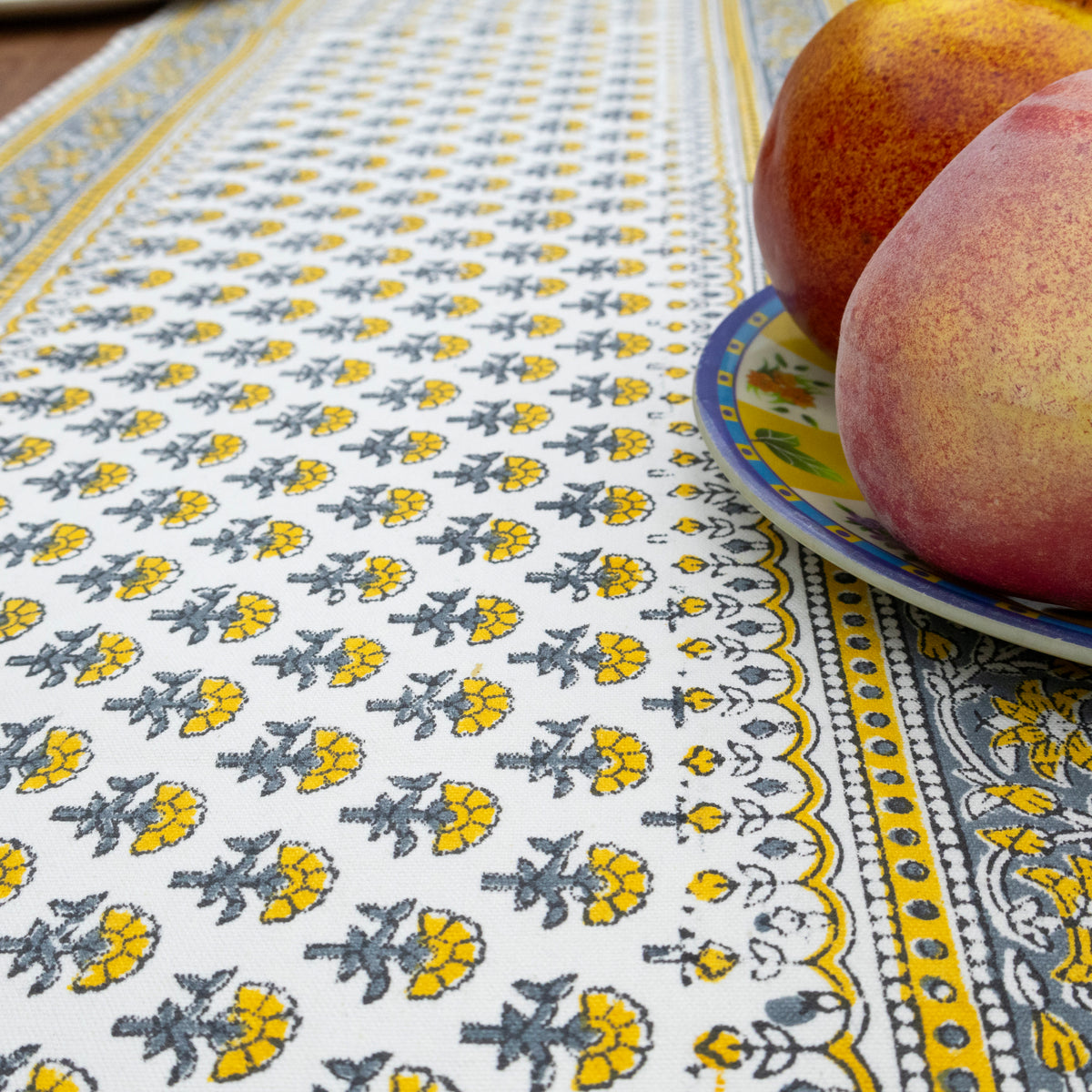 Yellow Grey Floral Block Print Table Runner Indian Cotton Boho Farmhouse Dining Decor Custom Size Hand Printed