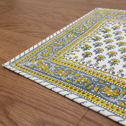 Yellow Grey Floral Block Print Table Runner Indian Cotton Boho Farmhouse Dining Decor Custom Size Hand Printed