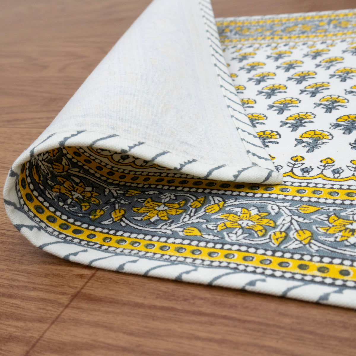 Yellow Grey Floral Block Print Table Runner Indian Cotton Boho Farmhouse Dining Decor Custom Size Hand Printed