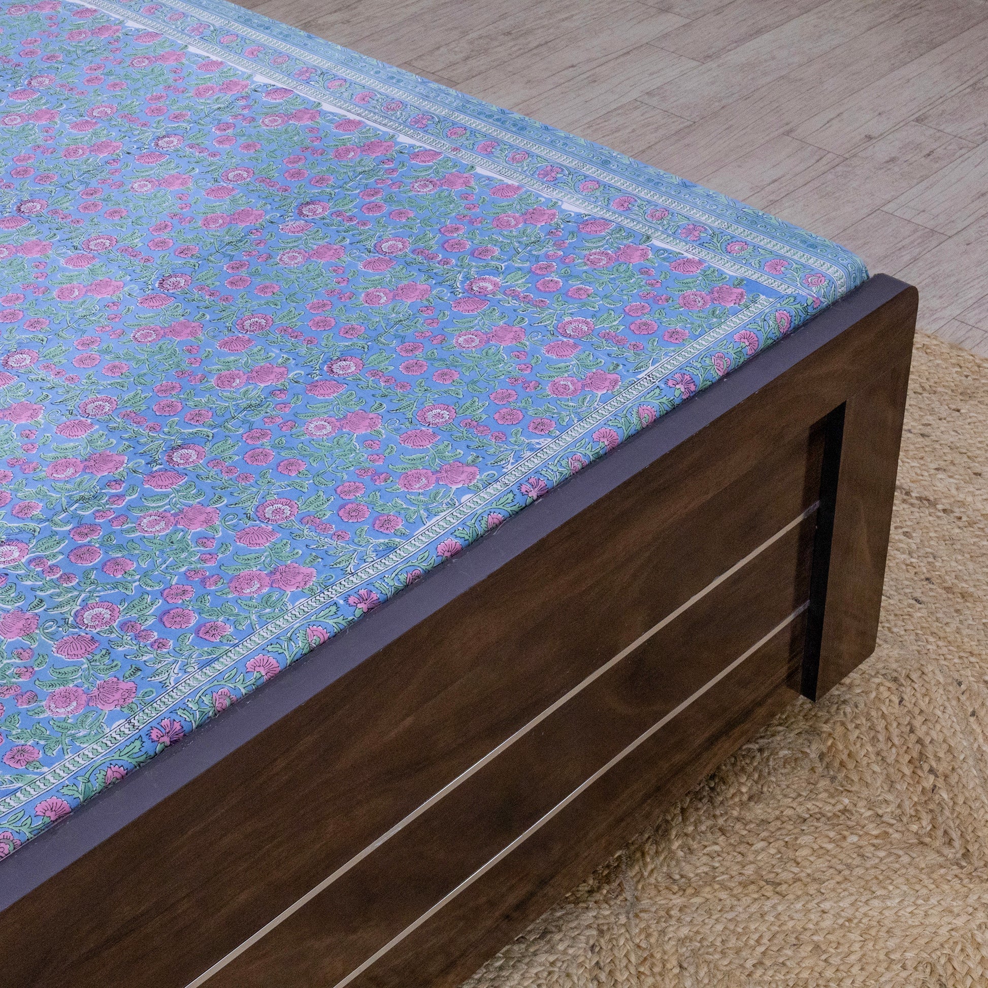 Indian Handmade Block Printed Blue nd Pink Floral Pattern Cotton Bed sheet For living Room, Kids Room - My Store