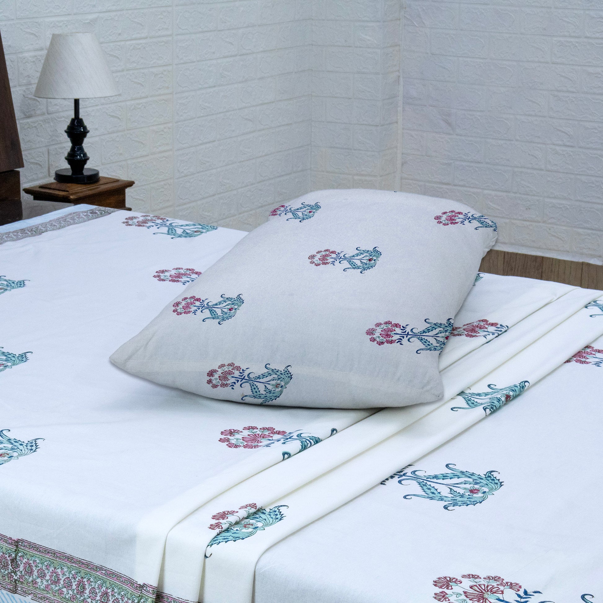 Indian Handmade Block Printed White and Maroon Floral Pattern Cotton Bed sheet For living Room, Kids Room - My Store