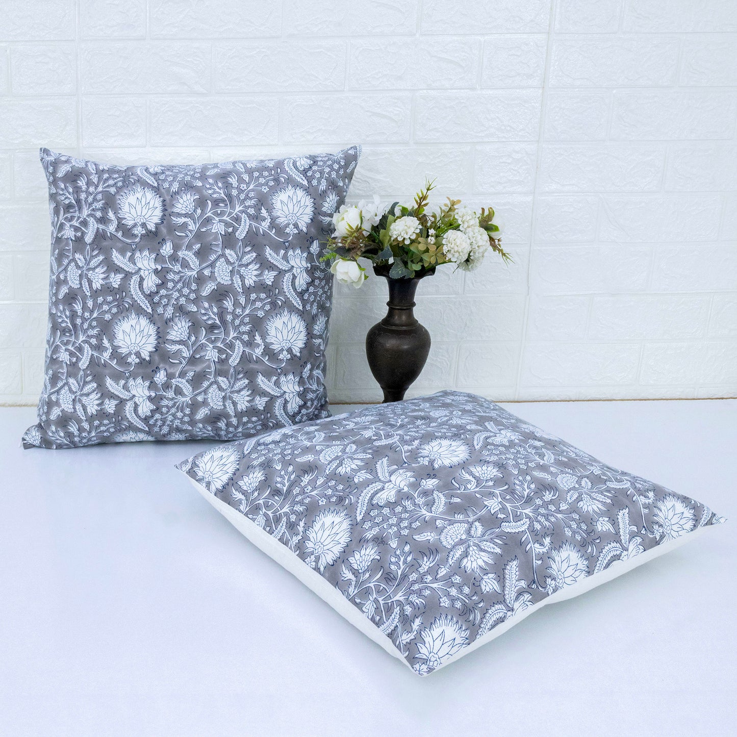 Boho Decor Sofa Pillow Cover Hand Block Printed Cotton Cushion Covers White Floral Decorative Cushion Cover