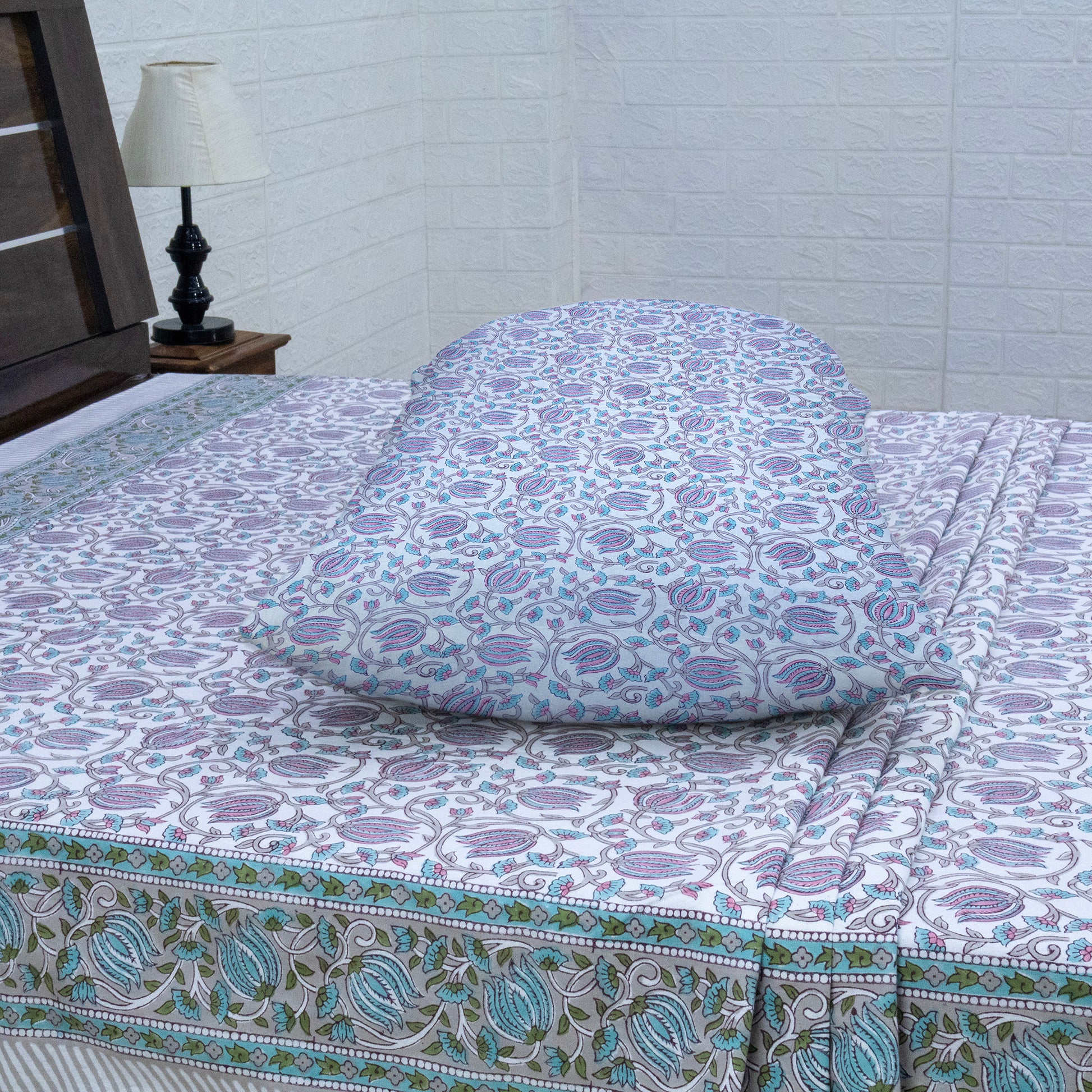 Indian Handmade Block Printed Pink and Green Floral Pattern Cotton Bed sheet For living Room, Kids Room - My Store