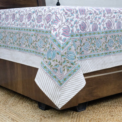 Indian Handmade Block Printed Pink and Green Floral Pattern Cotton Bed sheet For living Room, Kids Room - My Store