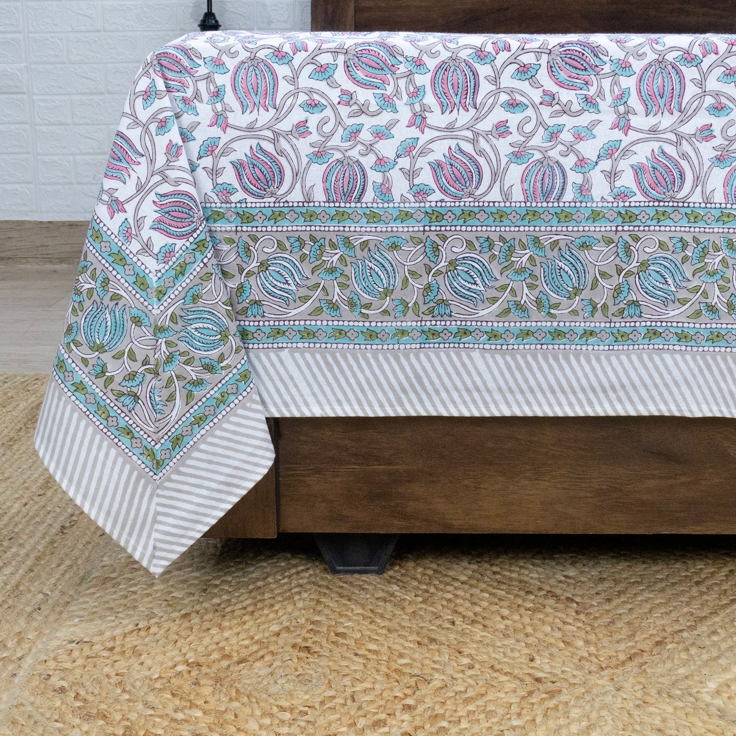 Indian Handmade Block Printed Pink and Green Floral Pattern Cotton Bed sheet For living Room, Kids Room - My Store