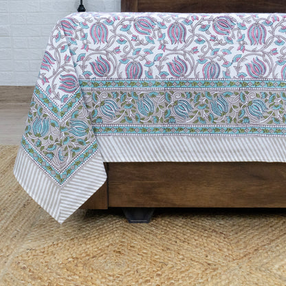 Indian Handmade Block Printed Pink and Green Floral Pattern Cotton Bed sheet For living Room, Kids Room - My Store