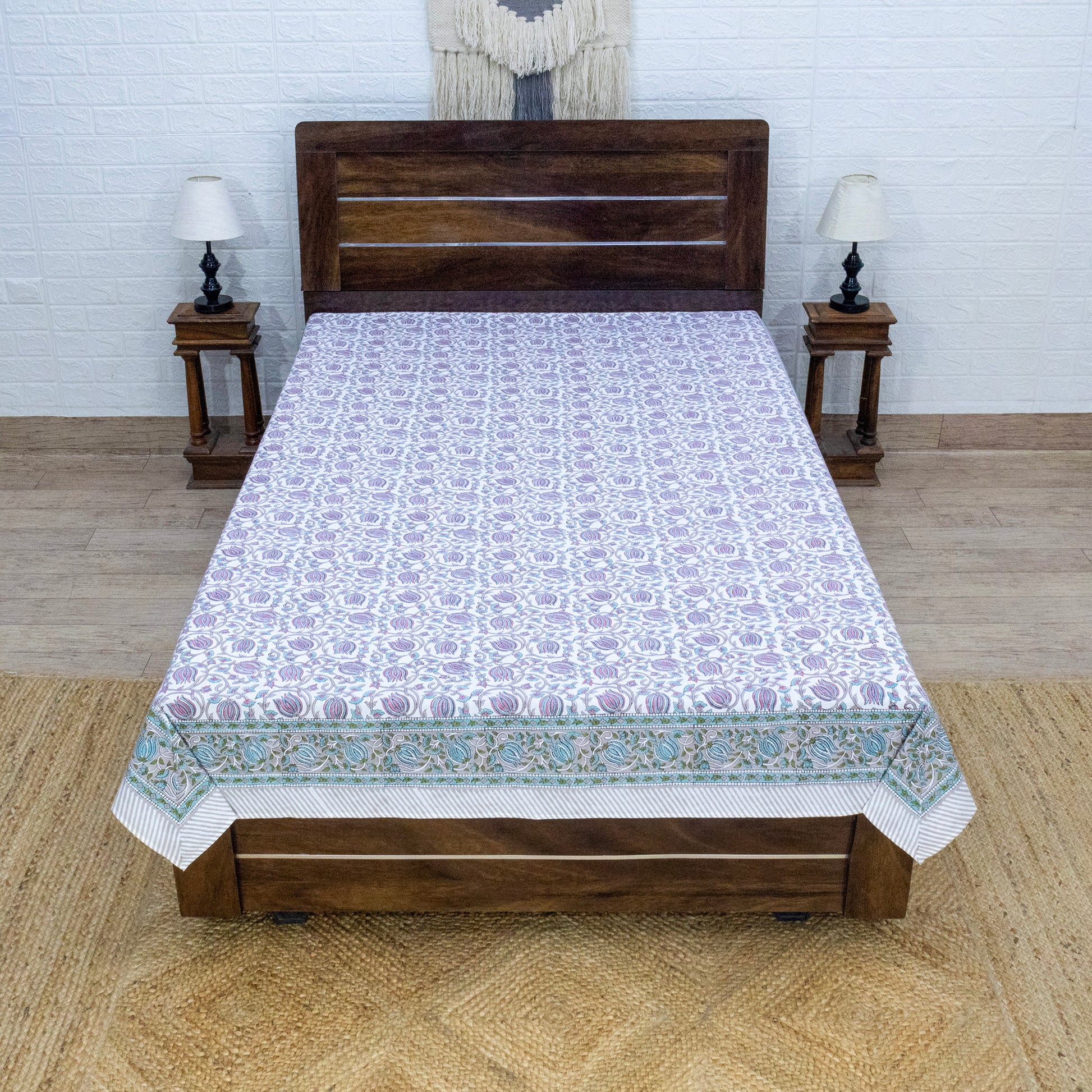 Indian Handmade Block Printed Pink and Green Floral Pattern Cotton Bed sheet For living Room, Kids Room - My Store