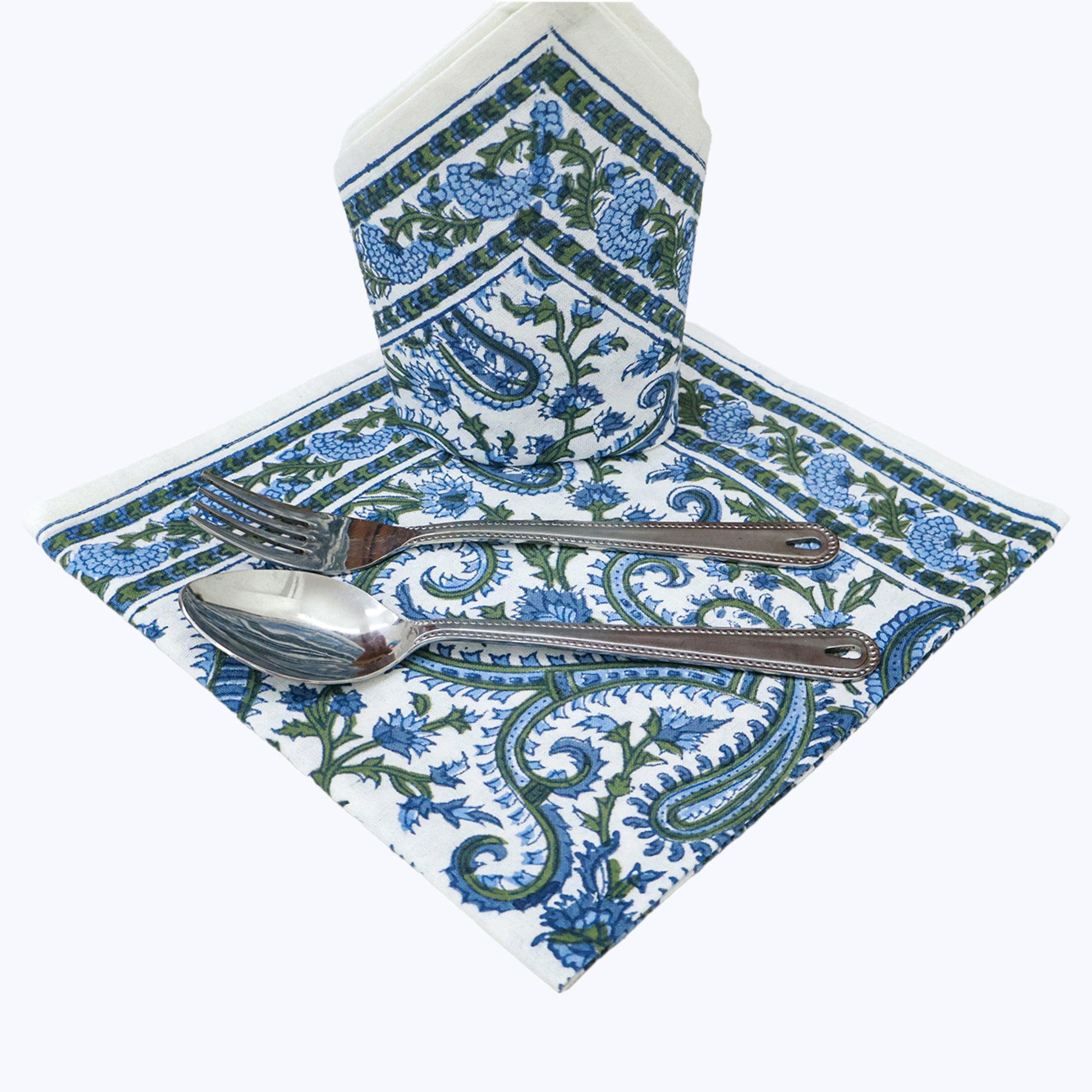 Handcrafted Blue and Green Block Printed Set Of 4 Napkins - My Store