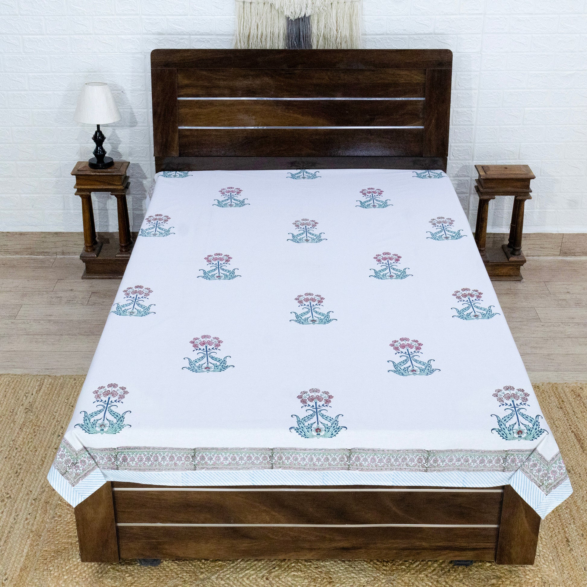 Indian Handmade Block Printed White and Maroon Floral Pattern Cotton Bed sheet For living Room, Kids Room - My Store