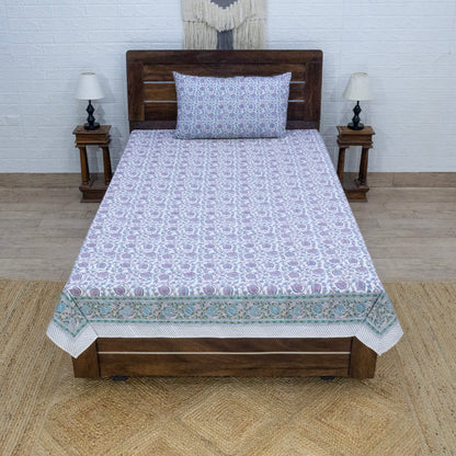 Indian Handmade Block Printed Pink and Green Floral Pattern Cotton Bed sheet For living Room, Kids Room - My Store