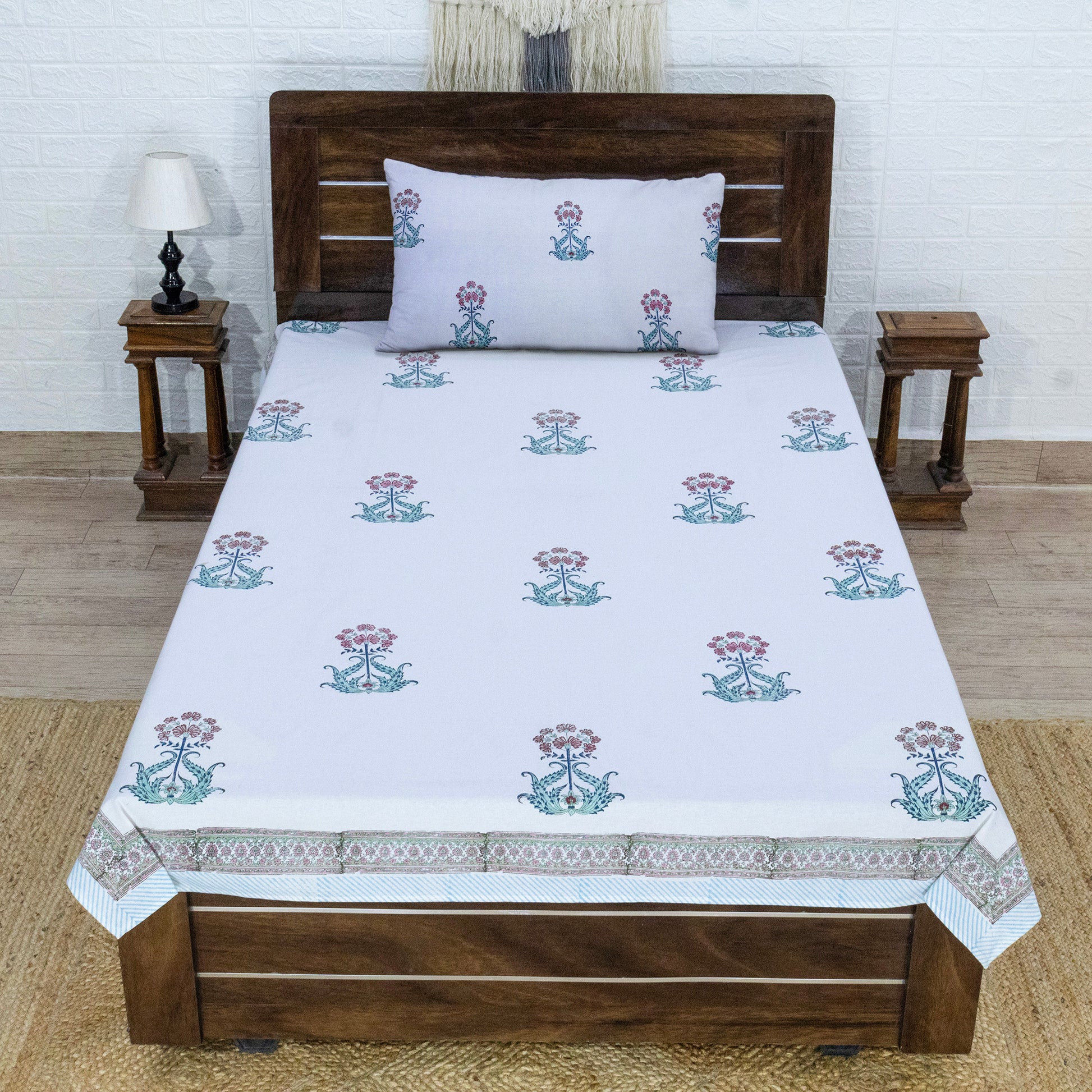 Indian Handmade Block Printed White and Maroon Floral Pattern Cotton Bed sheet For living Room, Kids Room - My Store