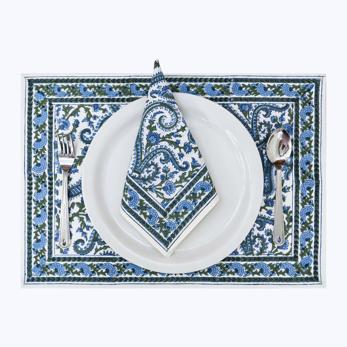 Handcrafted Blue and Green Block Printed Set Of 4 Napkins - My Store