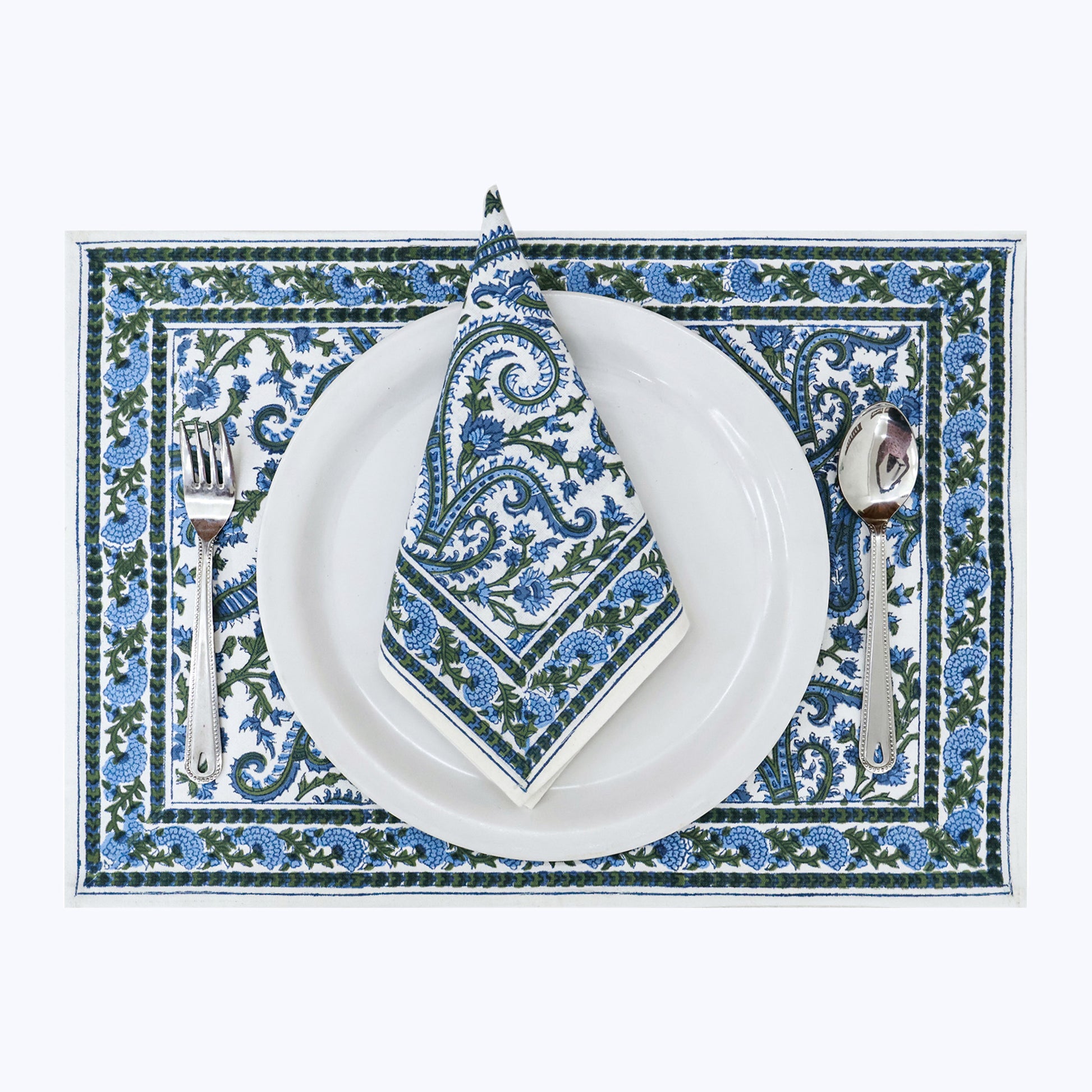 Handcrafted Blue and Green Block Printed Set Of 4 Napkins - My Store