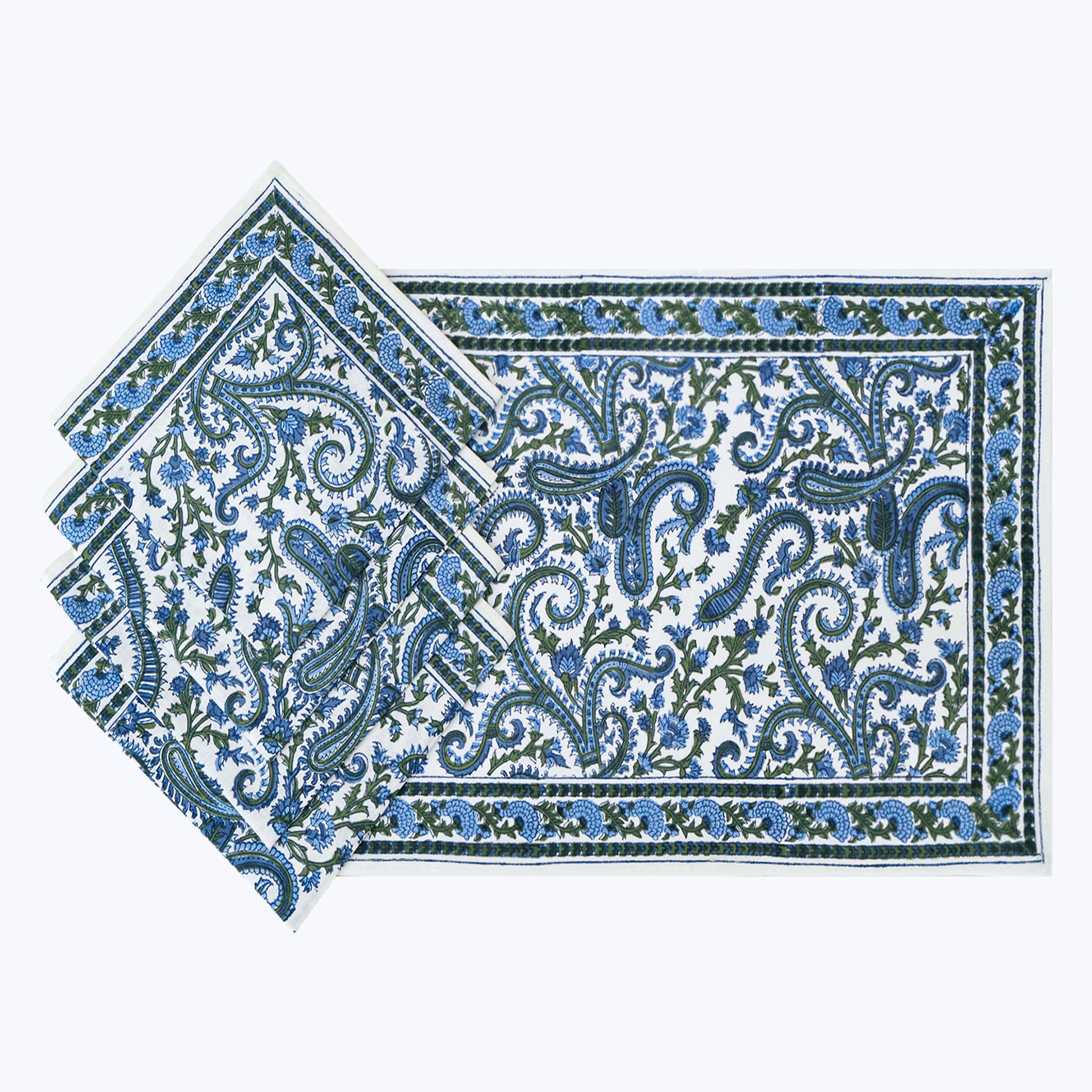 Handcrafted Blue and Green Block Printed Set Of 4 Napkins - My Store