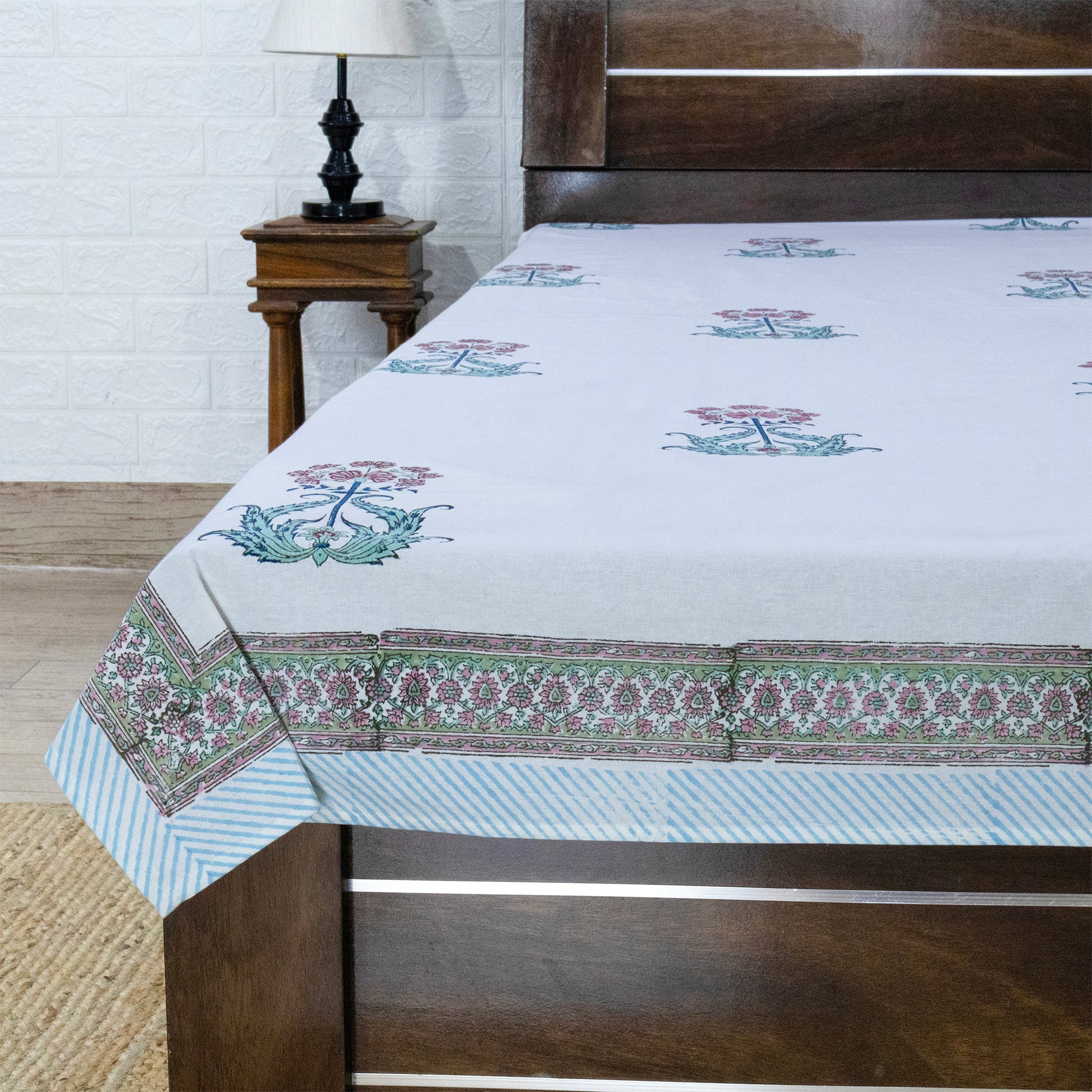 Indian Handmade Block Printed White and Maroon Floral Pattern Cotton Bed sheet For living Room, Kids Room - My Store