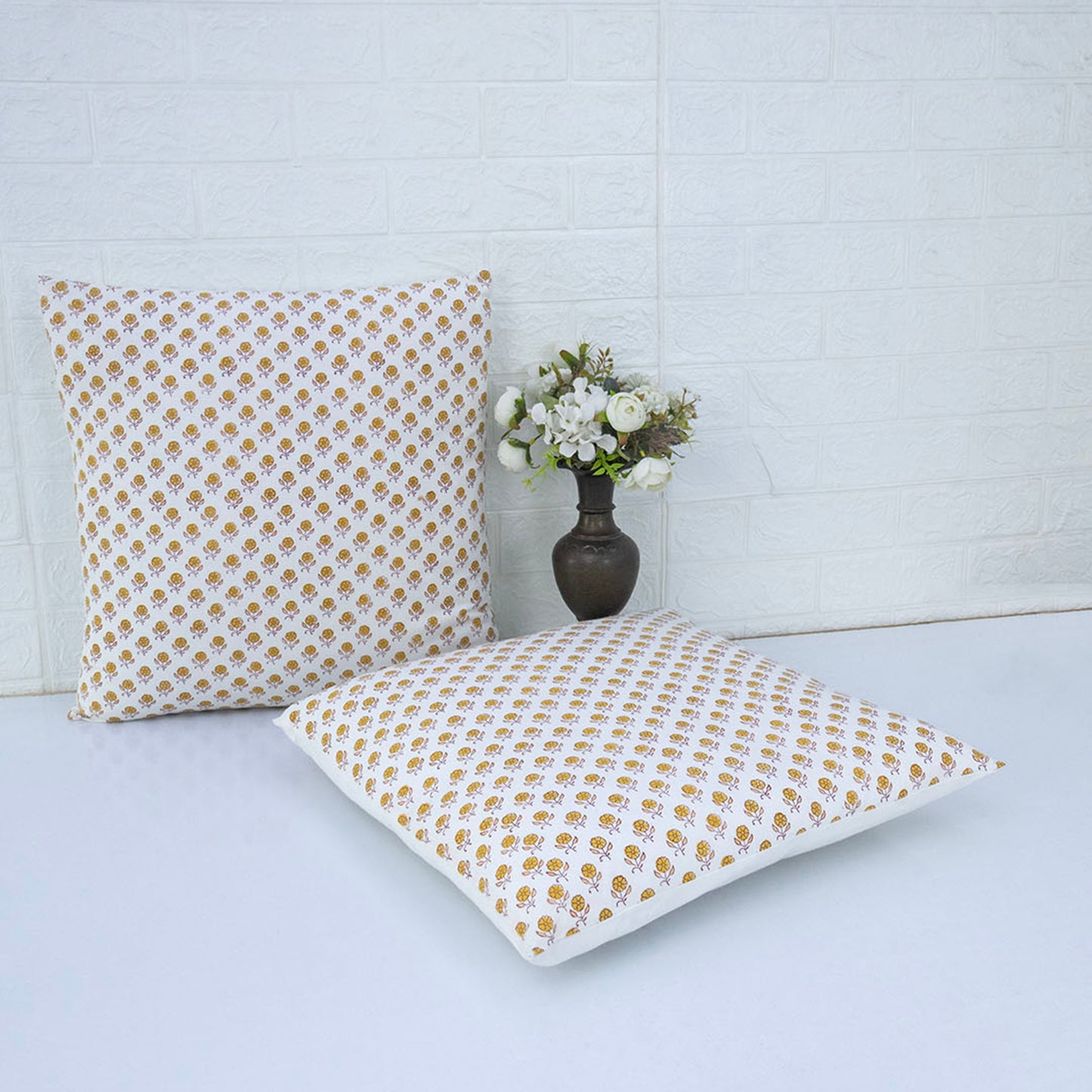Yellow Floral Print Pillow Cover Block Printed Cotton Cushion Cover Boho Sofa Decor Housewarming Gift
