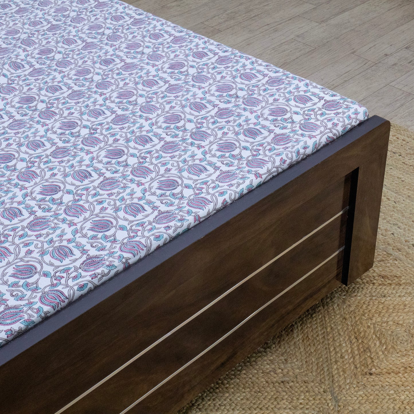 Indian Handmade Block Printed Pink and Green Floral Pattern Cotton Bed sheet For living Room, Kids Room - My Store