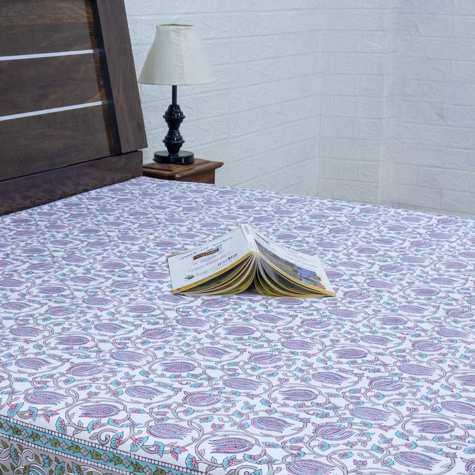 Indian Handmade Block Printed Pink and Green Floral Pattern Cotton Bed sheet For living Room, Kids Room - My Store