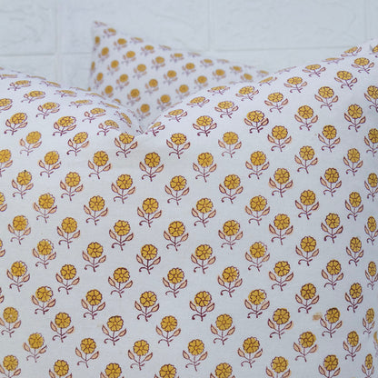 Yellow Floral Print Pillow Cover Block Printed Cotton Cushion Cover Boho Sofa Decor Housewarming Gift