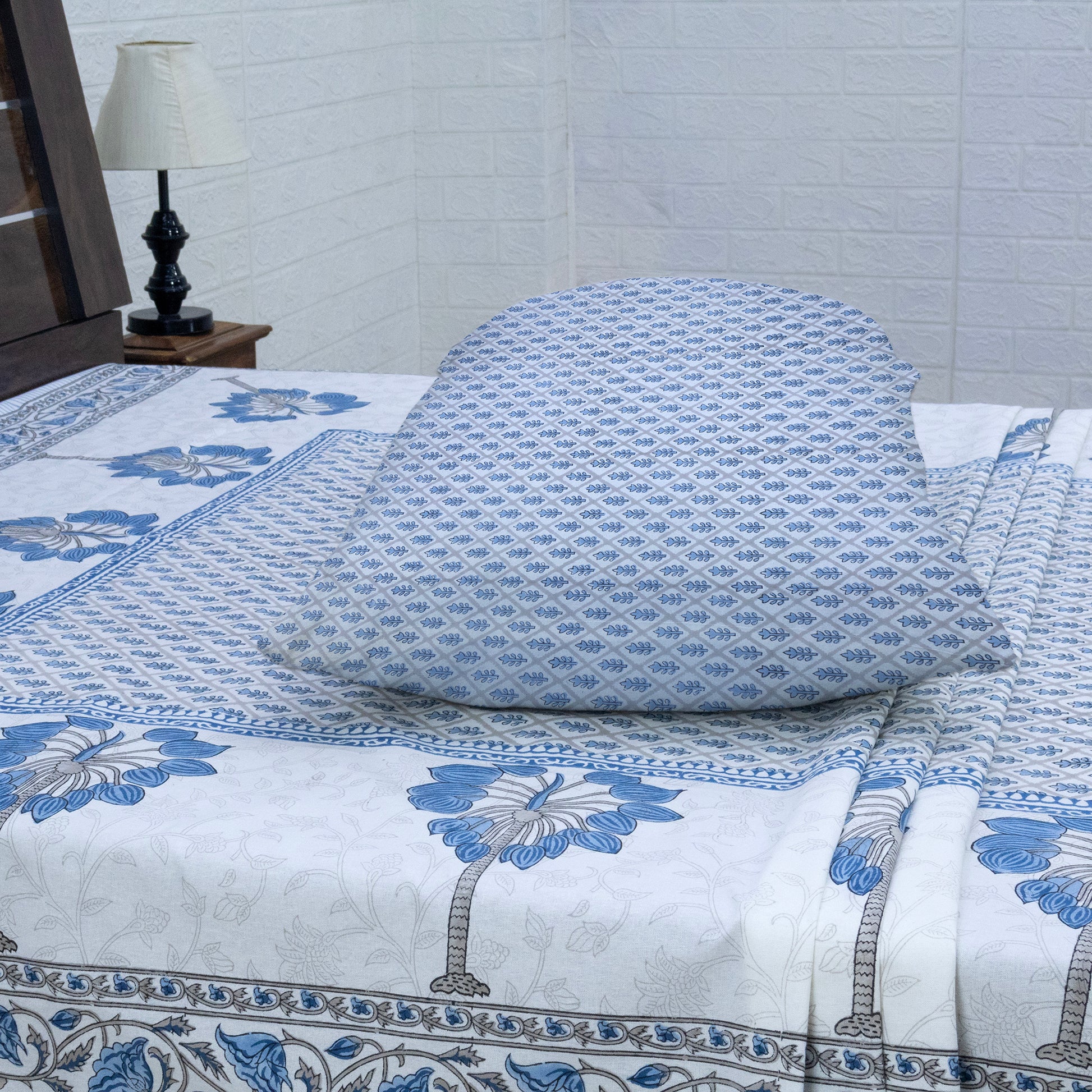 Indian Handmade Block Printed Blue and Gray Floral Pattern Cotton Bed sheet For living Room, Kids Room - My Store