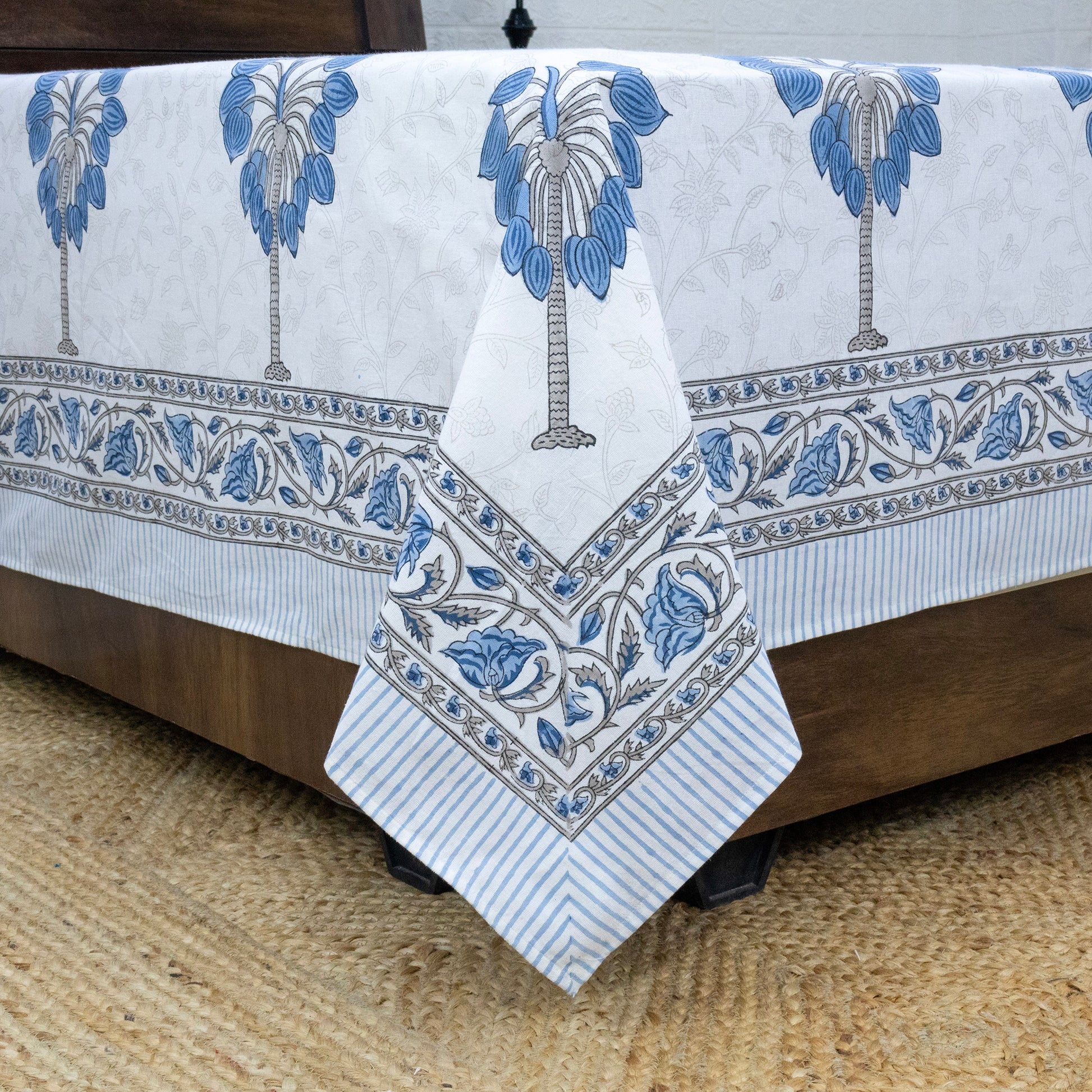 Indian Handmade Block Printed Blue and Gray Floral Pattern Cotton Bed sheet For living Room, Kids Room - My Store