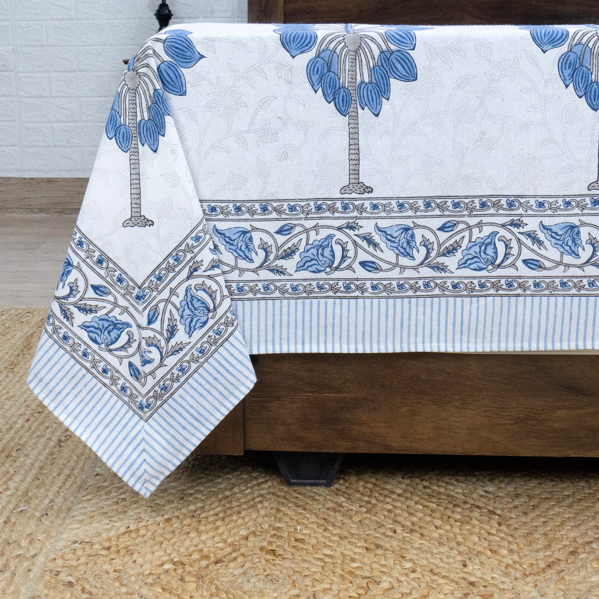 Indian Handmade Block Printed Blue and Gray Floral Pattern Cotton Bed sheet For living Room, Kids Room - My Store