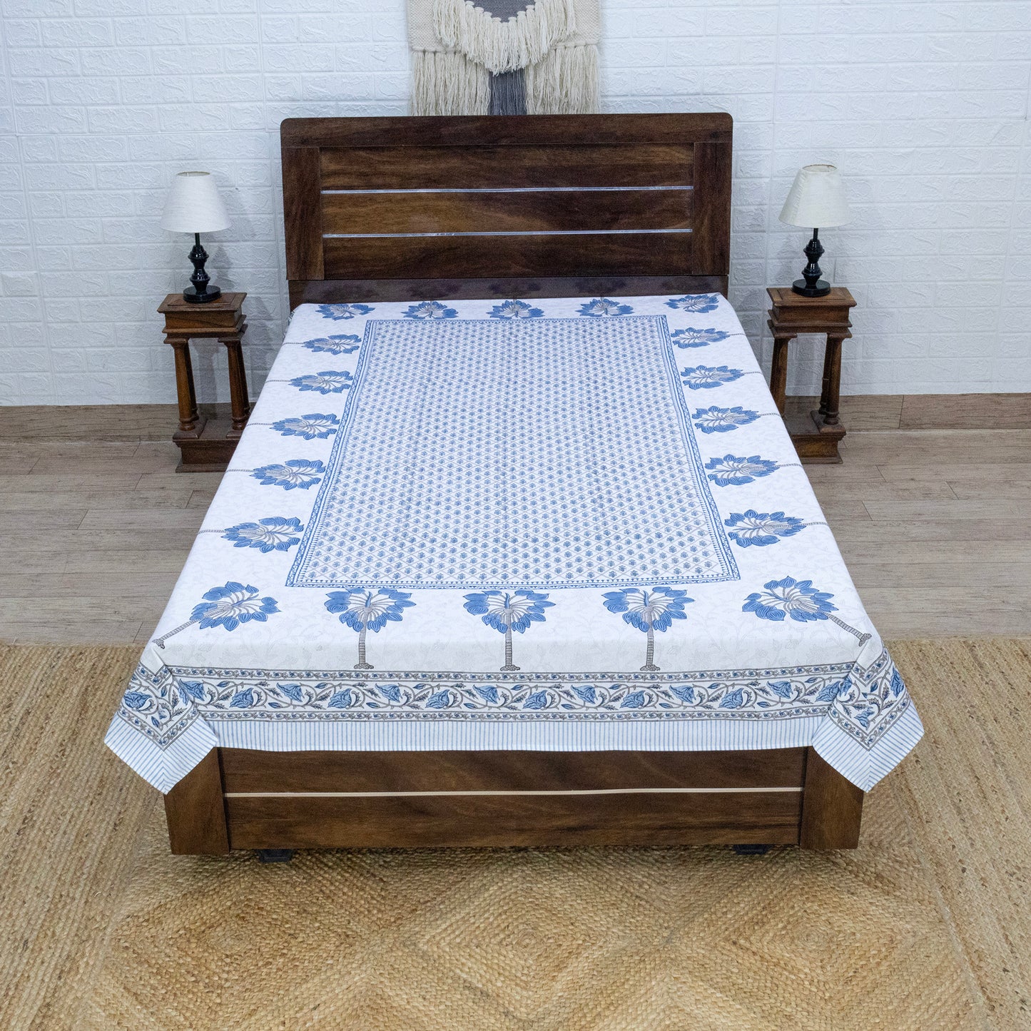 Indian Handmade Block Printed Blue and Gray Floral Pattern Cotton Bed sheet For living Room, Kids Room - My Store