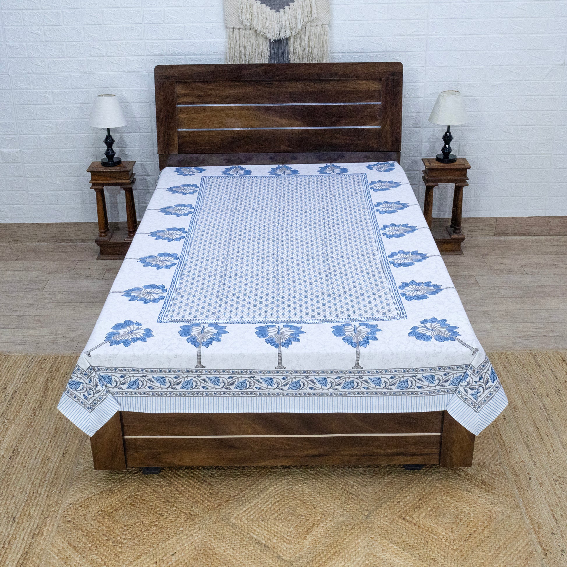 Indian Handmade Block Printed Blue and Gray Floral Pattern Cotton Bed sheet For living Room, Kids Room - My Store