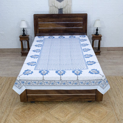 Indian Handmade Block Printed Blue and Gray Floral Pattern Cotton Bed sheet For living Room, Kids Room - My Store