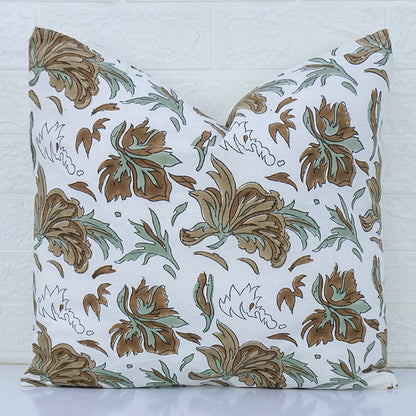 Brownn White Floral Print Cushion Cover Hand Block Printed Cotton Pillow Cover Boho Sofa Decor Housewarming Gift