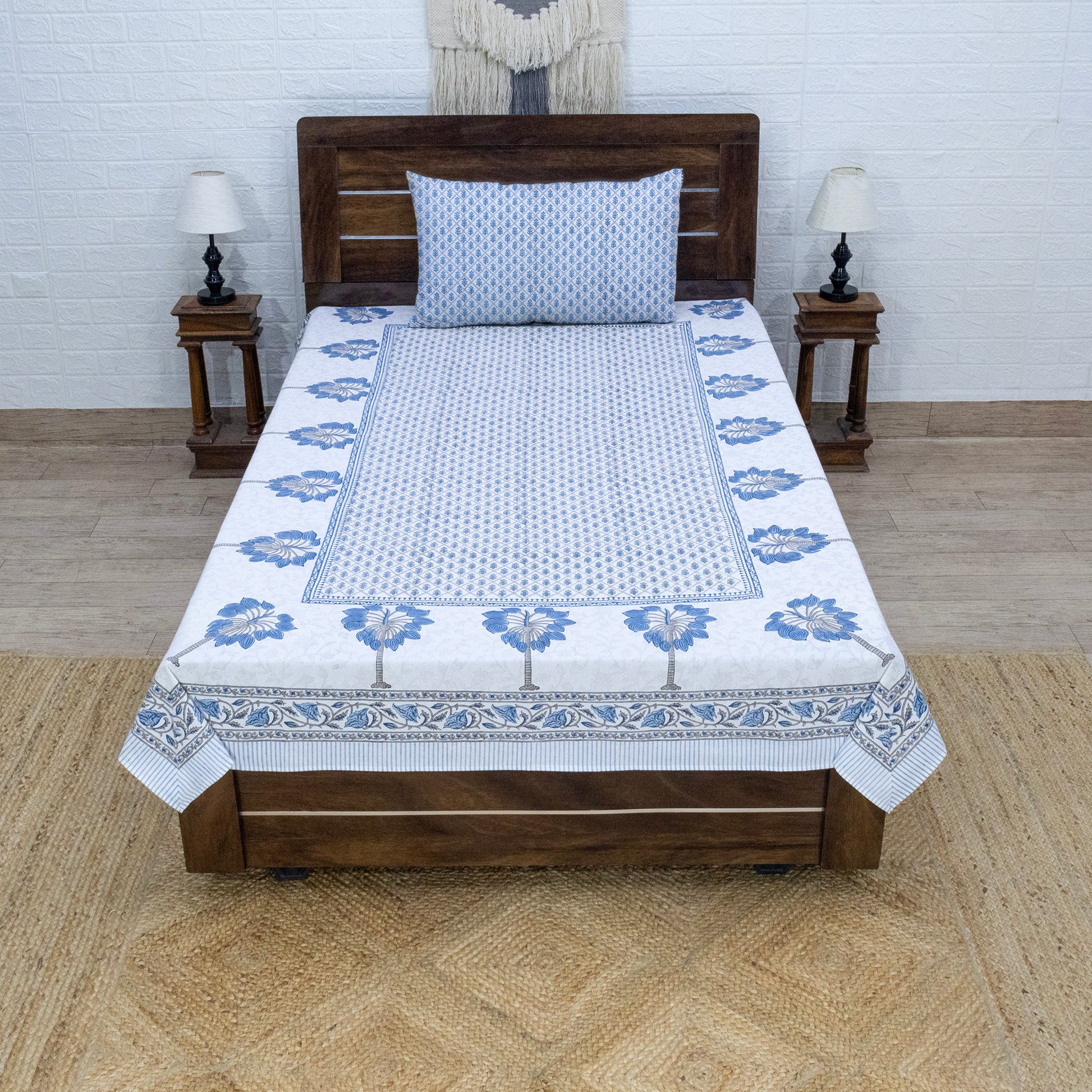 Indian Handmade Block Printed Blue and Gray Floral Pattern Cotton Bed sheet For living Room, Kids Room - My Store