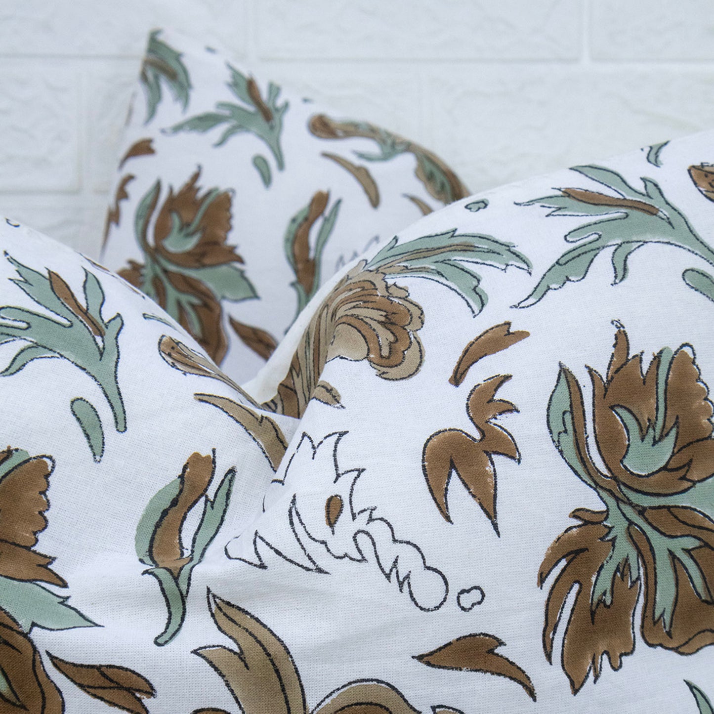 Brownn White Floral Print Cushion Cover Hand Block Printed Cotton Pillow Cover Boho Sofa Decor Housewarming Gift