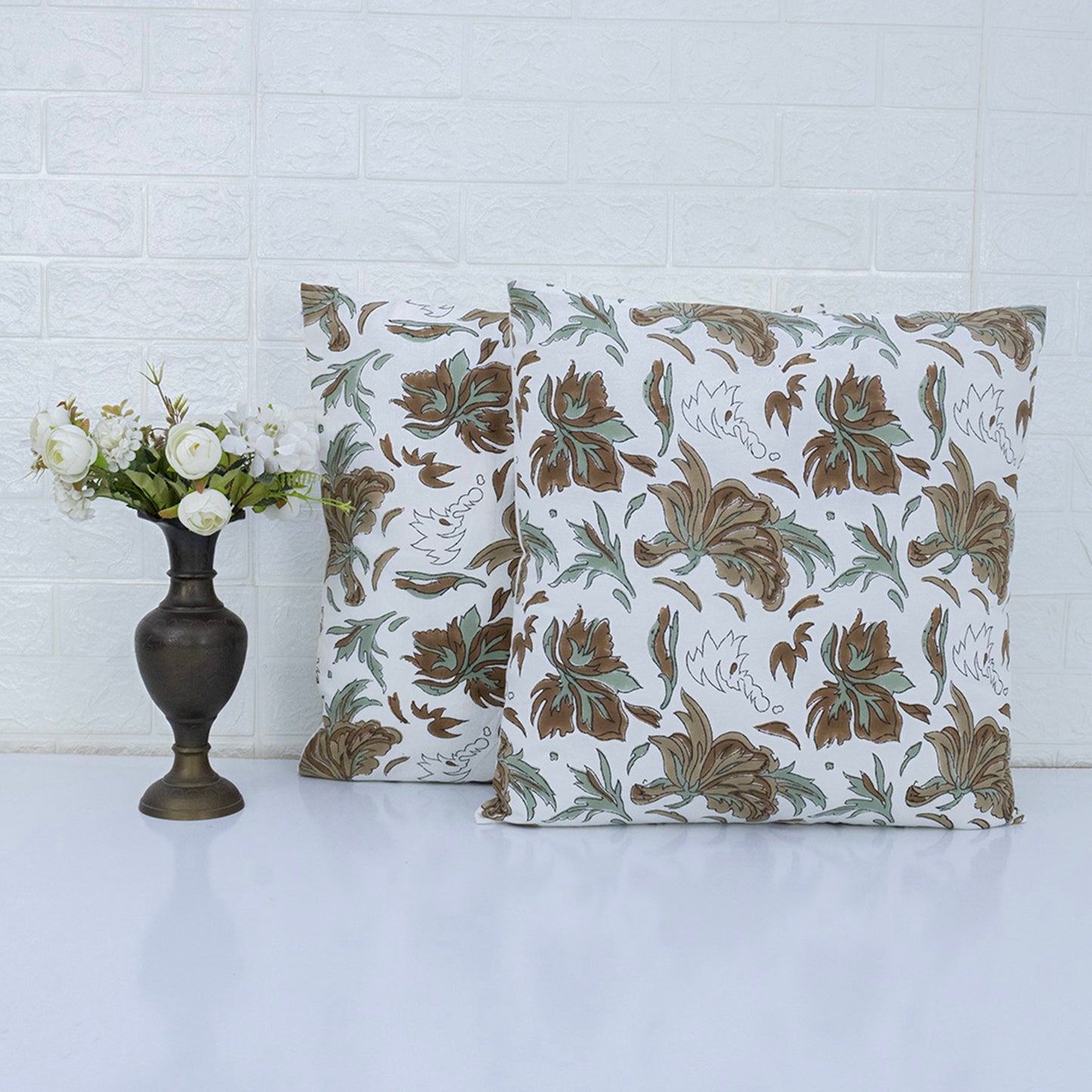 Brownn White Floral Print Cushion Cover Hand Block Printed Cotton Pillow Cover Boho Sofa Decor Housewarming Gift