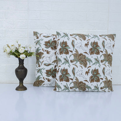 Brownn White Floral Print Cushion Cover Hand Block Printed Cotton Pillow Cover Boho Sofa Decor Housewarming Gift