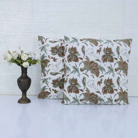 Brownn White Floral Print Cushion Cover Hand Block Printed Cotton Pillow Cover Boho Sofa Decor Housewarming Gift