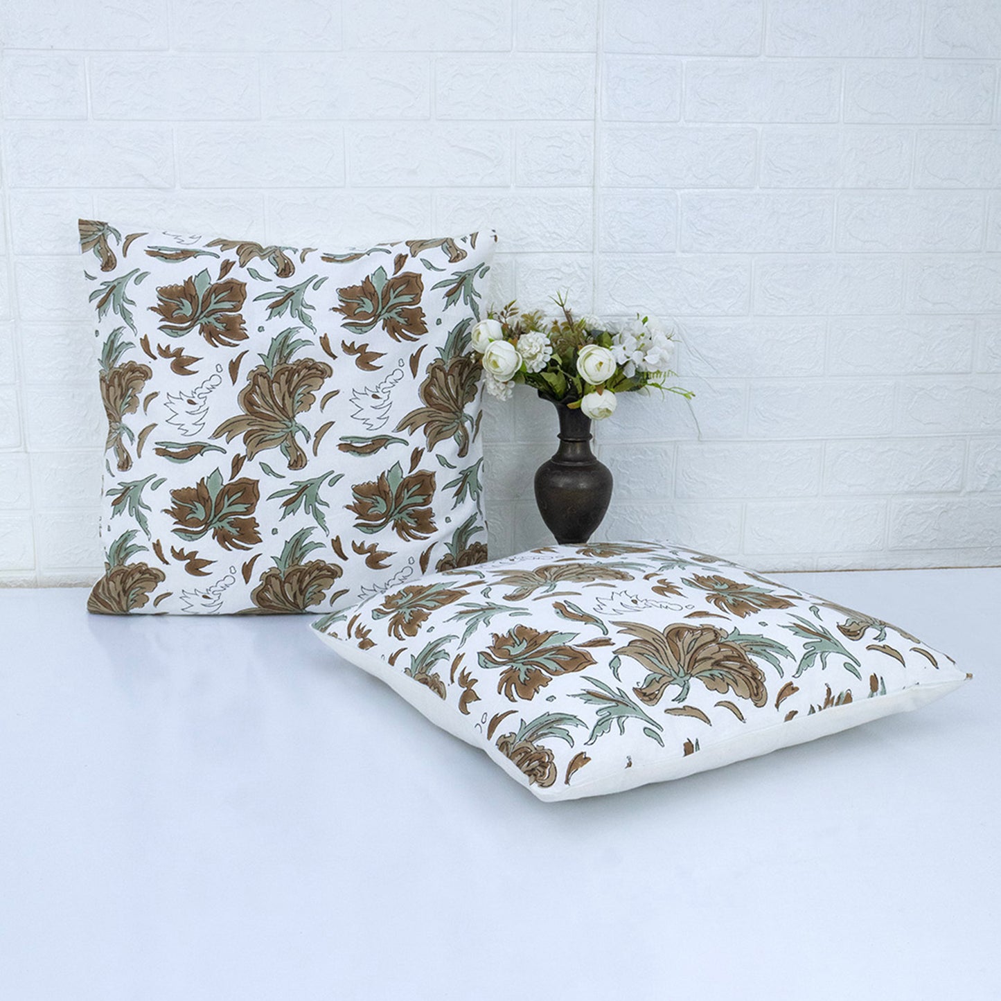 Brownn White Floral Print Cushion Cover Hand Block Printed Cotton Pillow Cover Boho Sofa Decor Housewarming Gift