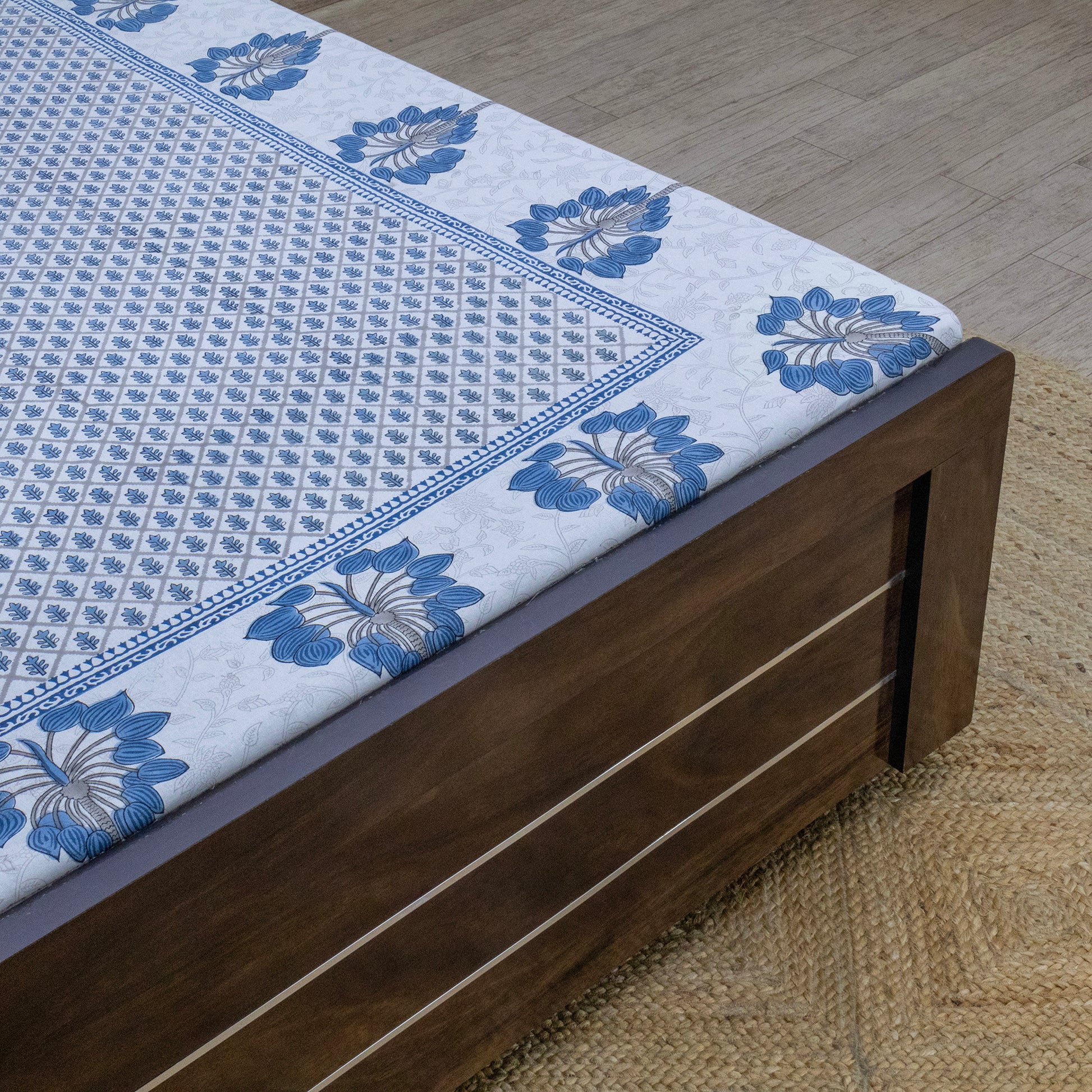 Indian Handmade Block Printed Blue and Gray Floral Pattern Cotton Bed sheet For living Room, Kids Room - My Store