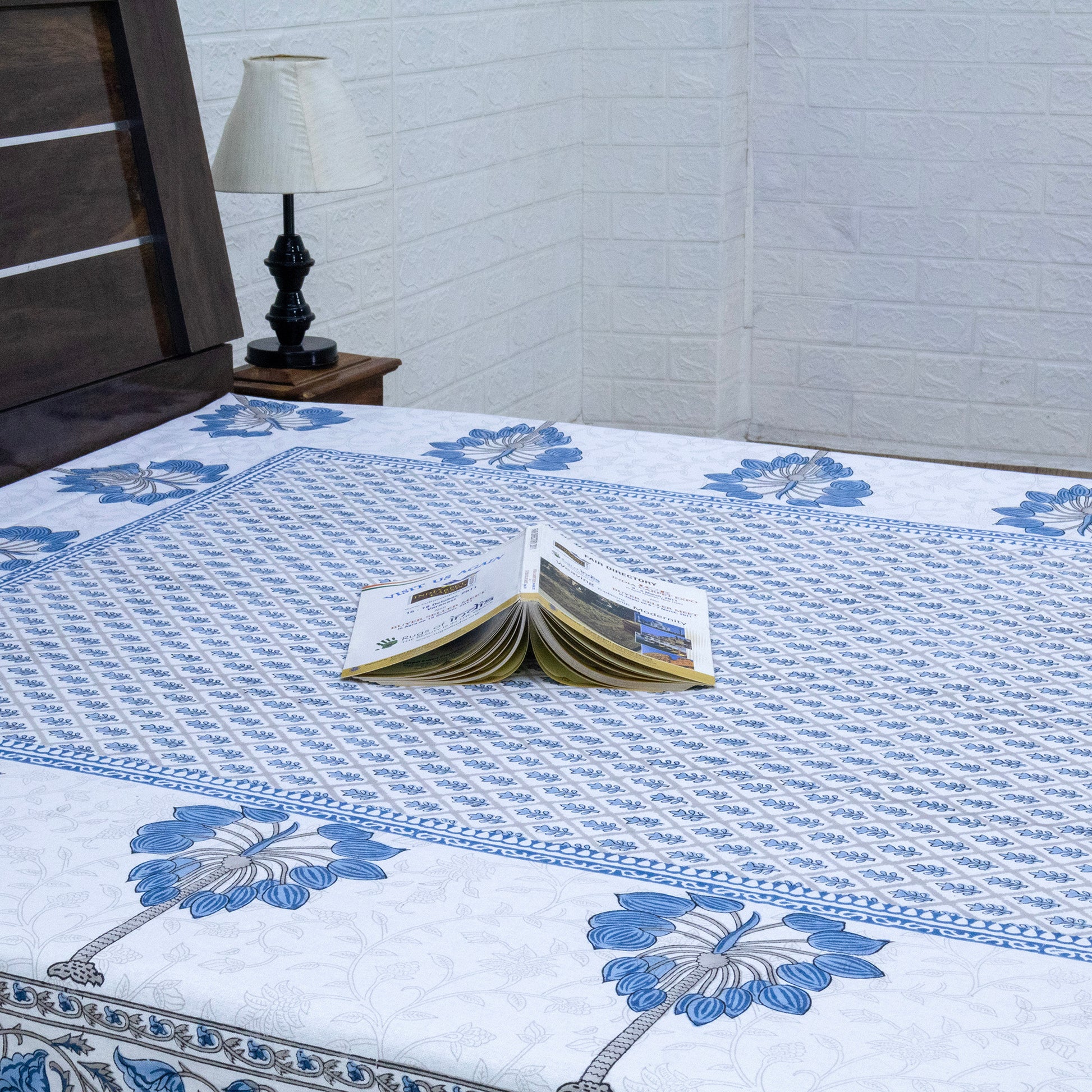 Indian Handmade Block Printed Blue and Gray Floral Pattern Cotton Bed sheet For living Room, Kids Room - My Store