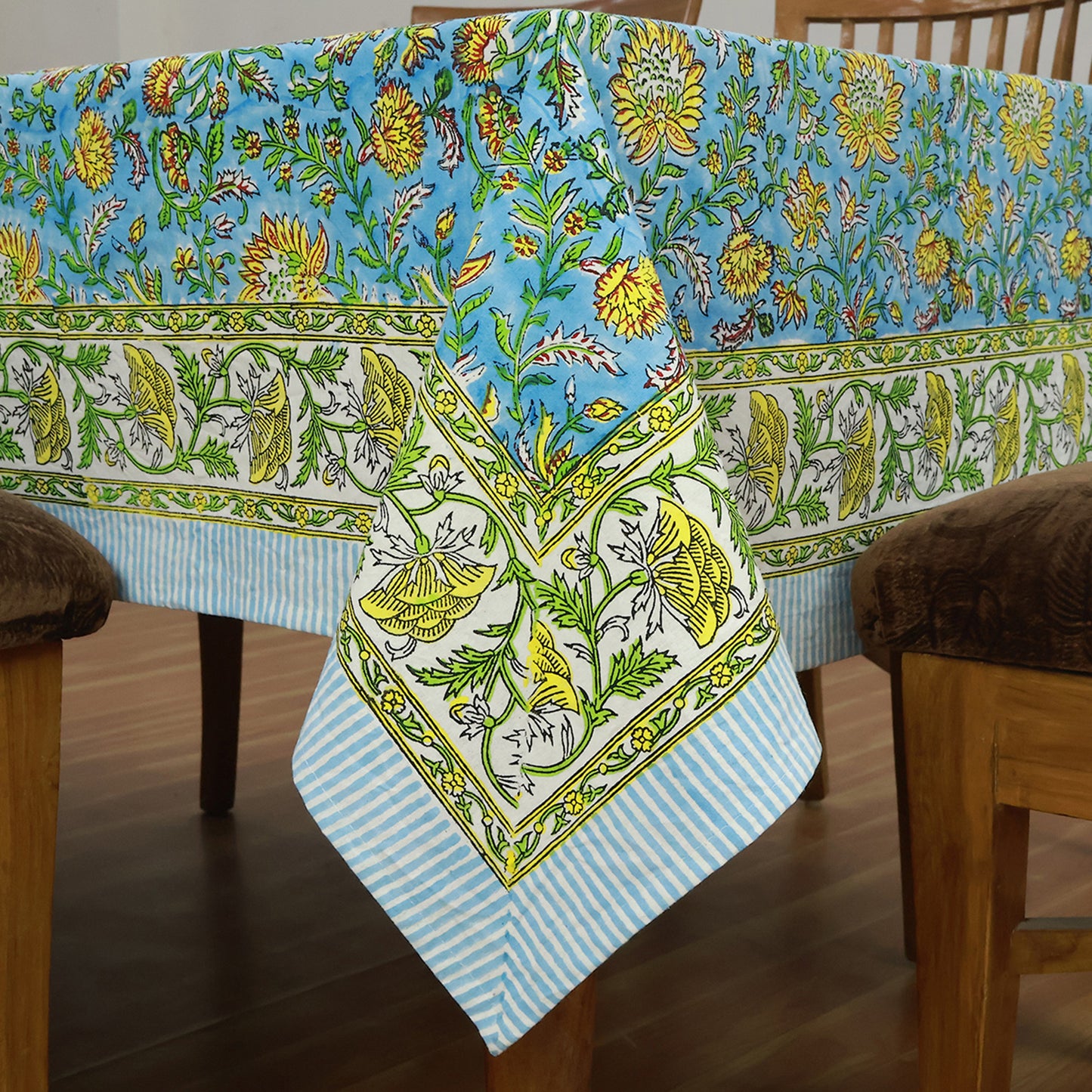 Floral Cotton Blue Hand Block Printed Tablecloth For Dinning - My Store