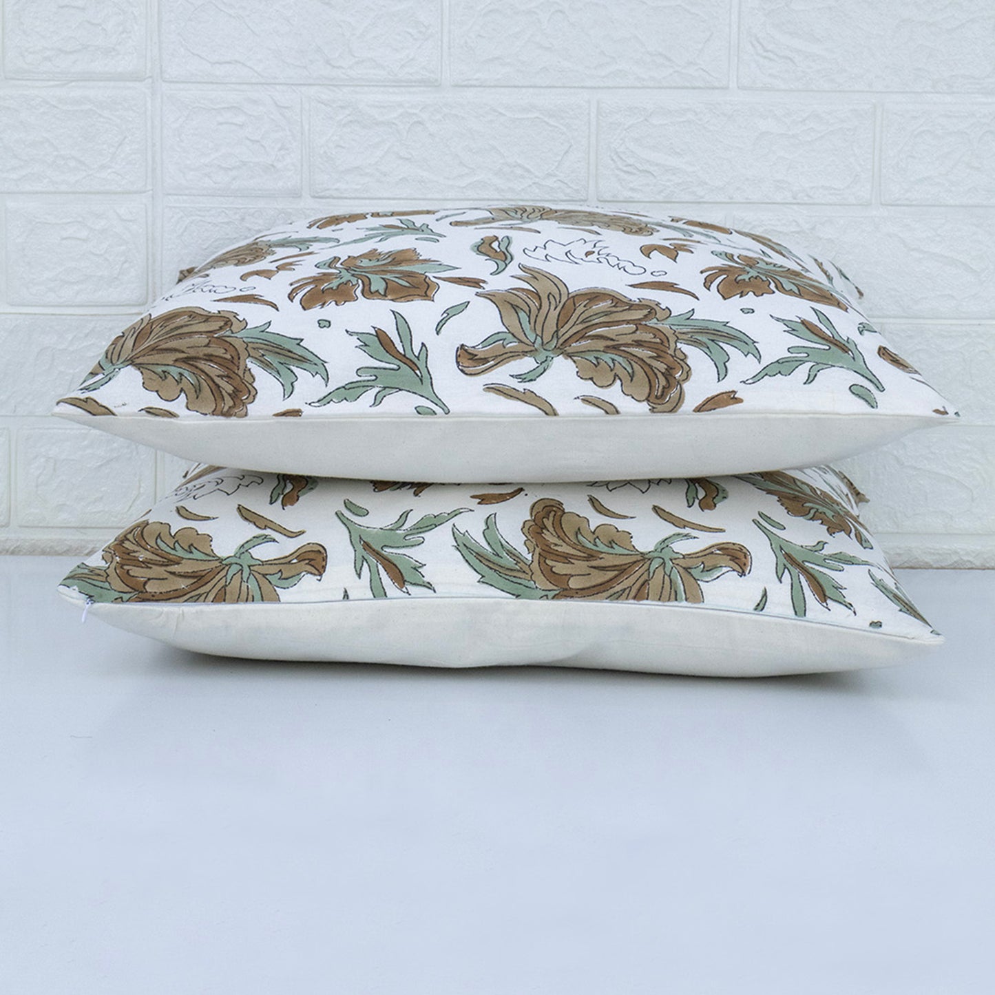 Brownn White Floral Print Cushion Cover Hand Block Printed Cotton Pillow Cover Boho Sofa Decor Housewarming Gift